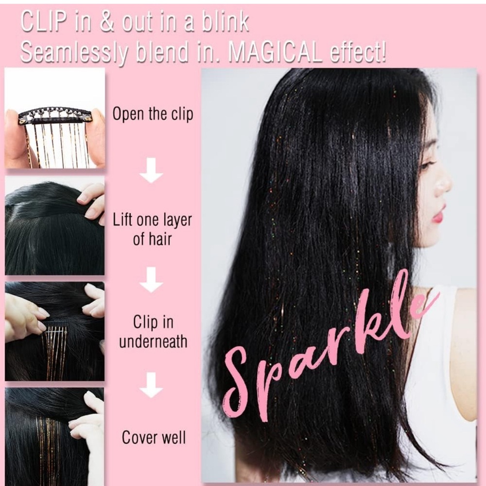 New sparkle glitter tinsel clip in extensions 22” long can cut ashy white